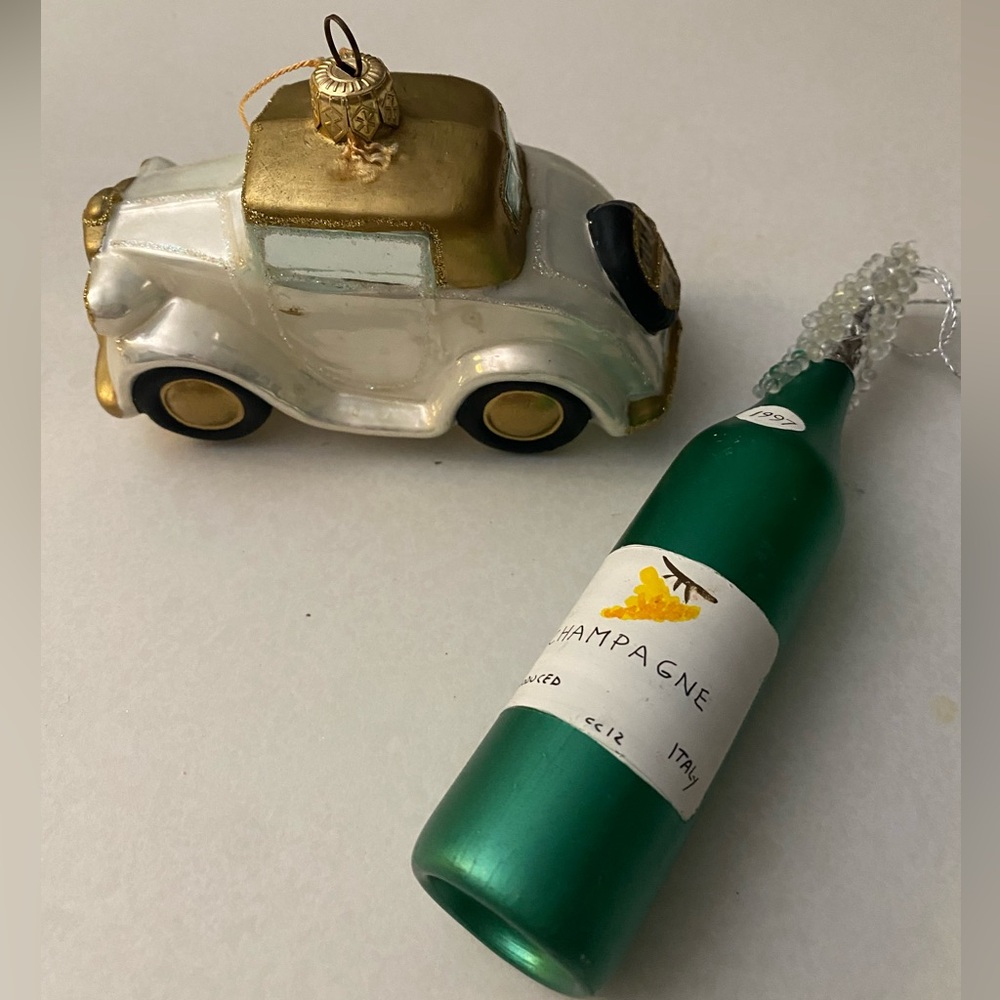 Glass Christmas Wedding Ornaments. Wedding car and Champagne Bottle